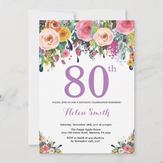 Floral 80e anniversaire Invitation violet (Devant)