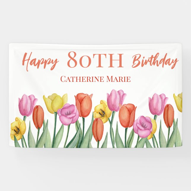 Floral 80th Birthday  Banner (Horizontal)