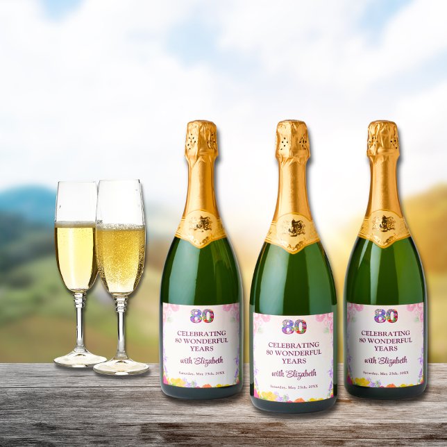 Floral 80th birthday bottle 80 years party  sparkling wine label (Creator Uploaded)