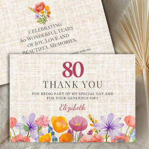 Floral 80th Birthday - Elegant Garden Party Thank You Card