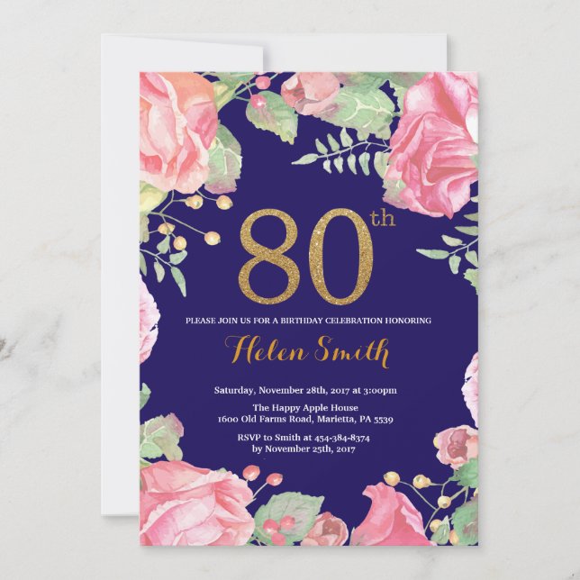 Floral 80th Birthday Gold Glitter Navy Blue Invitation (Front)