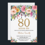 Floral 80th Birthday Invitation Gold Glitter<br><div class="desc">Floral 80th Birthday Invitation for Women. Watercolor Floral Flower. Gold Glitter. Pink,  Yellow,  Orange,  Purple Flower. Adult Birthday. For further customization,  please click the "Customize it" button and use our design tool to modify this template.</div>