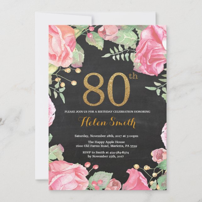 Floral 80th Birthday Invitation Gold Glitter (Front)
