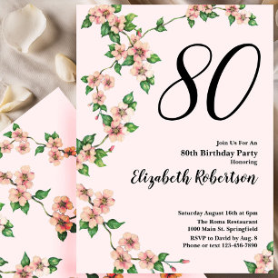 Floral 80th Birthday Invitation in Blush Pink