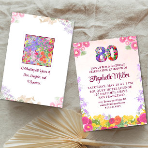 Floral 80th Birthday invite 80 flowers granny card