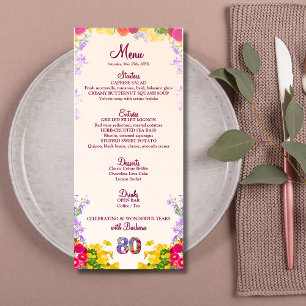 Floral 80th Birthday Menu Card elegant 80 years