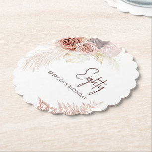 Floral 80th Birthday Pampas Grass Party Paper Coaster