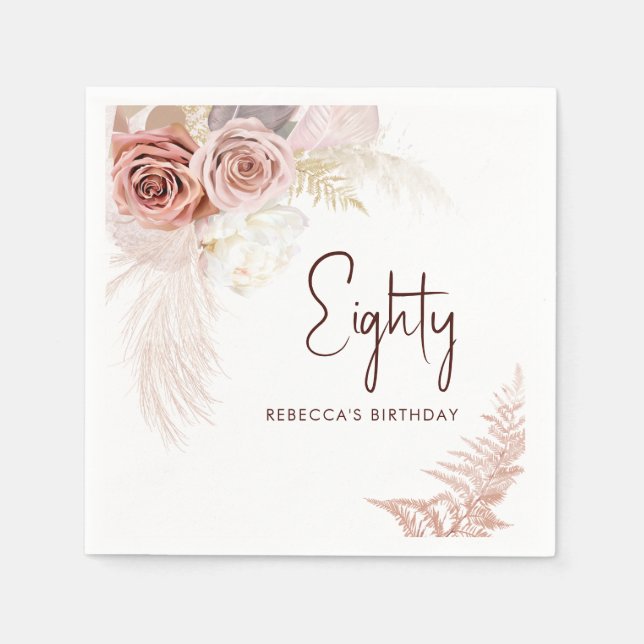Floral 80th Birthday Pampas Grass Party Paper Napkin (Front)
