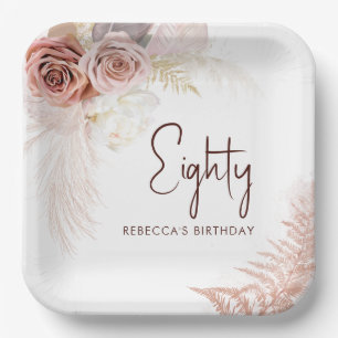Floral 80th Birthday Pampas Grass Party Paper Plate