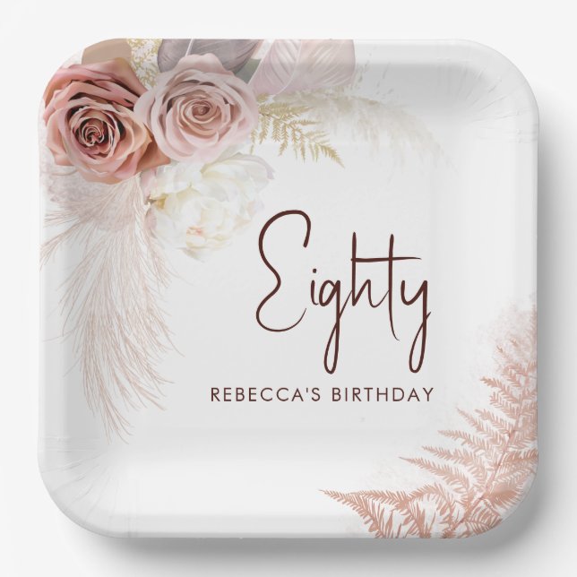 Floral 80th Birthday Pampas Grass Party Paper Plate (Front)