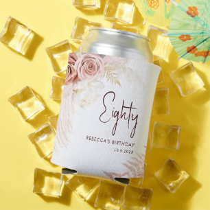 Floral 80th Birthday Pampas Grass Personalized Can Cooler