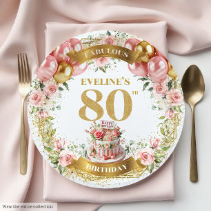 Floral 80th Birthday Paper Plates