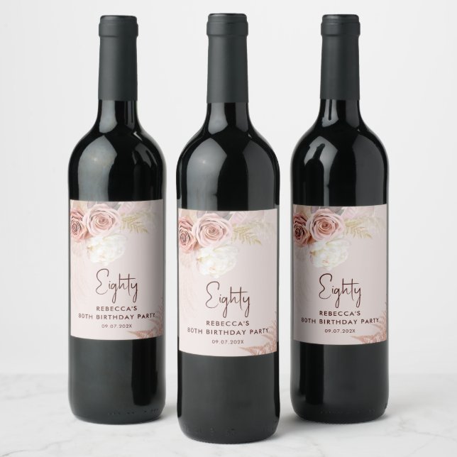 Floral 80th Birthday Party Pampas Grass Wine Label (Bottles)