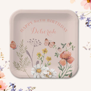 Floral 80th Birthday Party Paper Plate