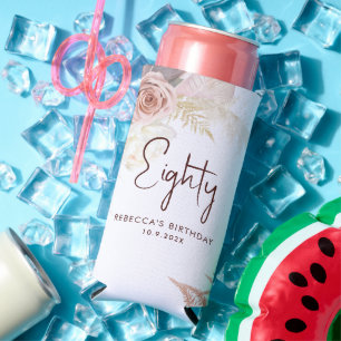 Floral 80th Birthday Party Personalized Seltzer Can Cooler