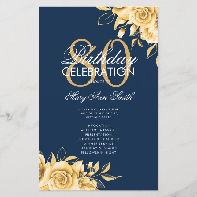 Floral 80th Birthday Program Gold & Navy avec menu (Devant)