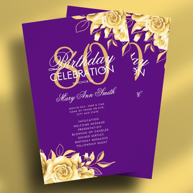 Floral 80th Birthday Program Gold & Purple w/ Menu (Floral 80th Birthday Program Gold & Purple w/ Menu Flyer)