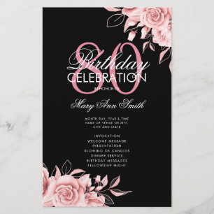 Floral 80th Birthday Program Rose Gold Black Menu