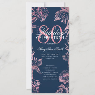 Floral 80th Birthday Programme Rose Gold Navy Menu