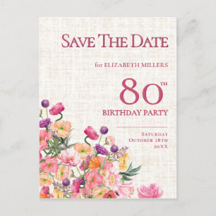 Floral 80th Birthday Save The Date, Elegant Garden Announcement Postcard