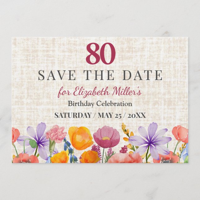 Floral 80th Birthday Save the Date - Garden Party Invitation (Front)