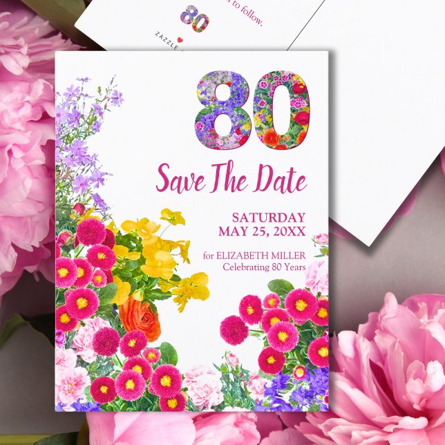 Floral 80th Birthday Save The Date – Modern Design Announcement Postcard (Creator Uploaded)