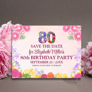 Floral 80th birthday save the date - pastel 80 Announcement Postcard