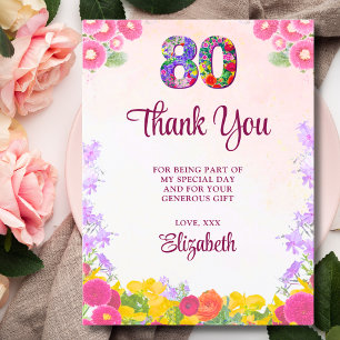 Floral 80th birthday thank you card 80 flower chic