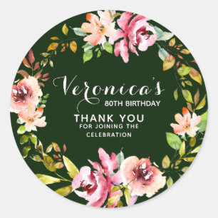 Floral   80th Birthday Thank You  Green Classic Round Sticker