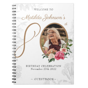 Floral 80th Birthday White Gold Photo Guestbook Notebook