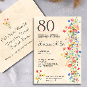 Floral 80th Birthday Wildflowers 80 Years Party Invitation