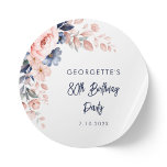 Floral 80th Pink Flowers Birthday Party Script Classic Round Sticker<br><div class="desc">Celebrate the upcoming birthday with our modern pastel pink indigo blue watercolor floral stickers. Featuring beautiful botanical watercolor bloom. Simply personalize with your party details by clicking the "customize this" button to further re-arrange and format the style and placement of the text. TIP: Add our complimentary or matching items in...</div>