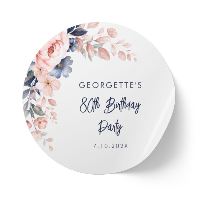 Floral 80th Pink Flowers Birthday Party Script Classic Round Sticker (80th Birthday Party Pink Floral Classic Round Envelope Seal Stickers)
