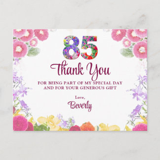 Floral 85th Birthday Thank You  Elegant Flowers Postcard