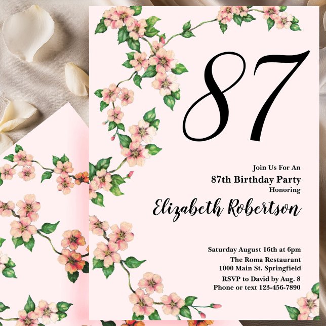 Floral 87th Birthday Invitation in Blush Pink (Creator Uploaded)