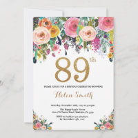Floral 89th Birthday Invitation Gold Glitter