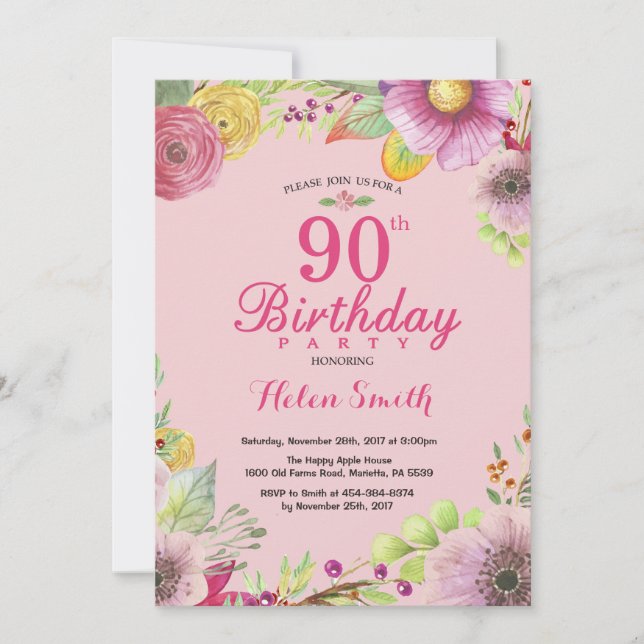 Floral 90e anniversaire Invitation pour les femmes (Devant)