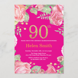 Floral 90th Birthday Gold Glitter and Hot Pink Invitation