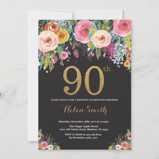 Floral 90th Birthday Invitation Gold Glitter (Front)