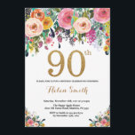 Floral 90th Birthday Invitation Gold Glitter<br><div class="desc">Floral 90th Birthday Invitation for Women. Watercolor Floral Flower. Gold Glitter. Pink,  Yellow,  Orange,  Purple Flower. Adult Birthday. For further customization,  please click the "Customize it" button and use our design tool to modify this template.</div>