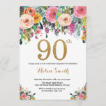 Floral 90th Birthday Invitation Gold Glitter<br><div class="desc">Floral 90th Birthday Invitation for Women. Watercolor Floral Flower. Gold Glitter. Pink,  Yellow,  Orange,  Purple Flower. Adult Birthday. For further customization,  please click the "Customize it" button and use our design tool to modify this template.</div>