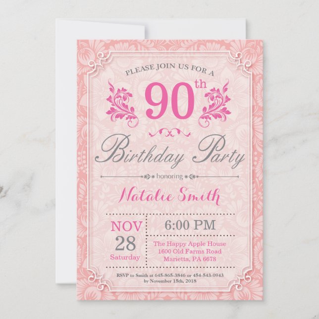 Floral 90th Birthday Invitation Pink for Women (Front)