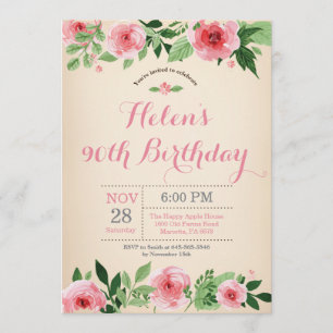 Floral 90th Birthday Invitation Pink Watercolor