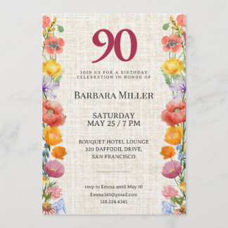 Floral 90th Birthday Party - Elegant Garden Invitation