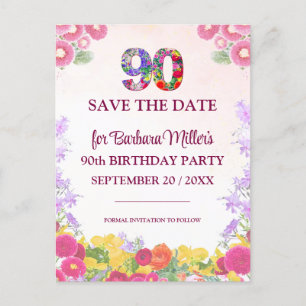 Floral 90th Birthday Save The Date - Elegant 90 Announcement Postcard