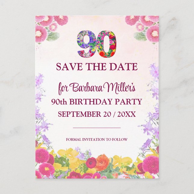 Floral 90th Birthday Save The Date - Elegant 90 Announcement Postcard (Front)