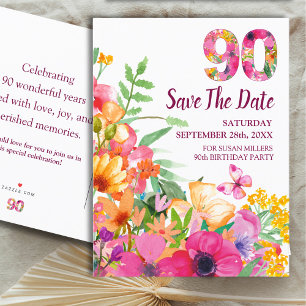 Floral 90th Birthday Save The Date, Elegant 90 Announcement Postcard