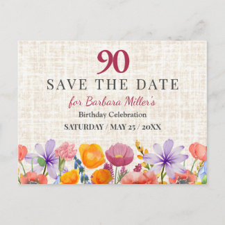 Floral 90th Birthday Save the Date - Garden Party Announcement Postcard