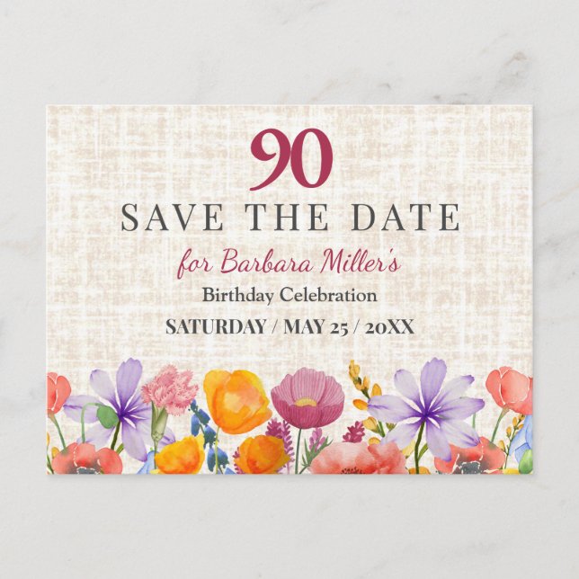 Floral 90th Birthday Save the Date - Garden Party Announcement Postcard (Front)