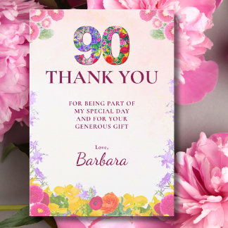 Floral 90th Birthday Thanks Elegant Design Thank You Card